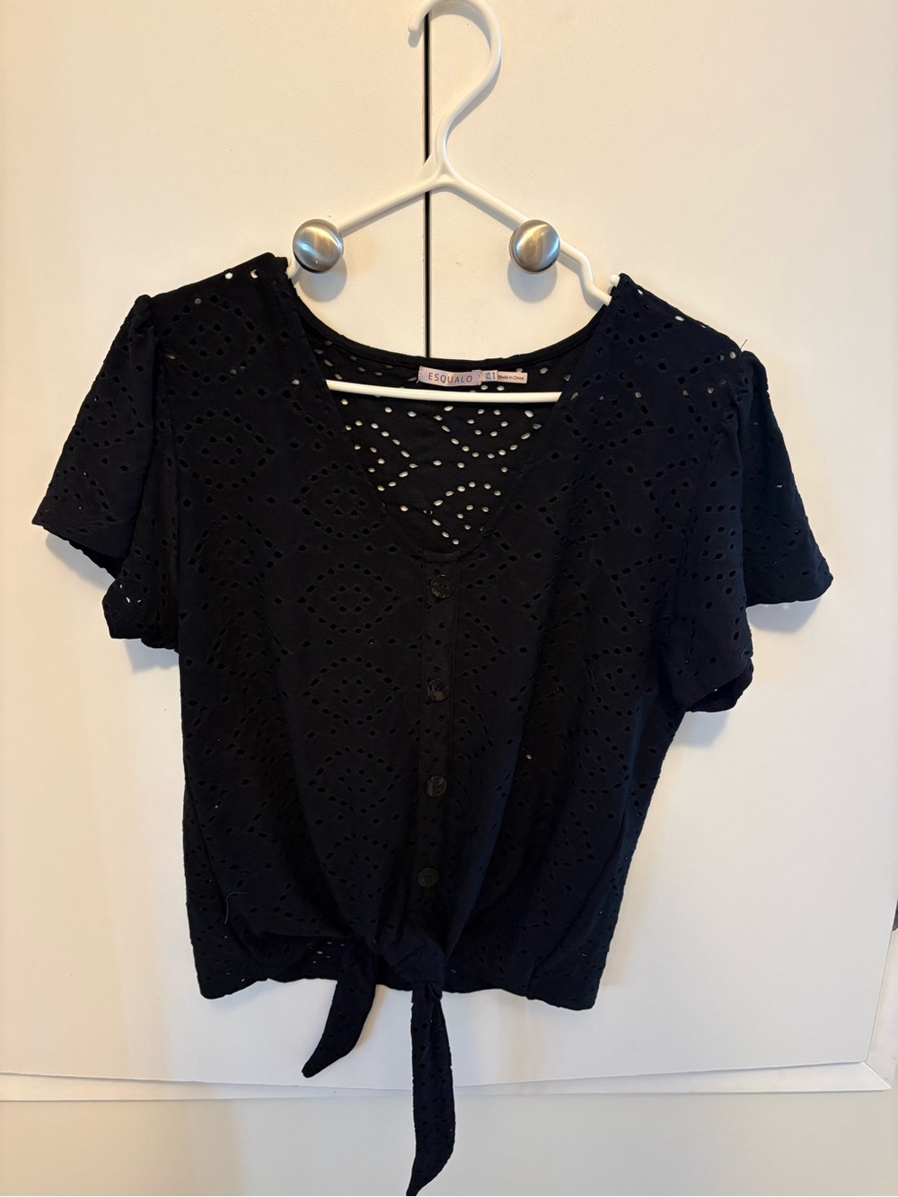 Black Esqualo Tie Front Shirt with Eyelet Pattern